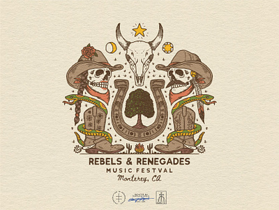 Rebels & Renegades Music Festival Illustration boots brand design brand identity branding branding design california cowboy festiva festival hand drawn identity design logo logo design retro skeleton skull snake vintage visual identity western