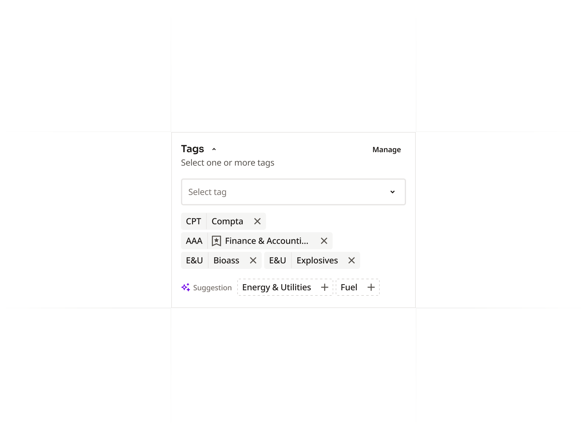 Tag Selector Component ai card dashboard selector suggestion tag taging ui user interface ux
