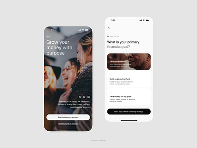 Start screen + account choice app choice clean design interaction light minimal radio splash start screen typography ui ux web white