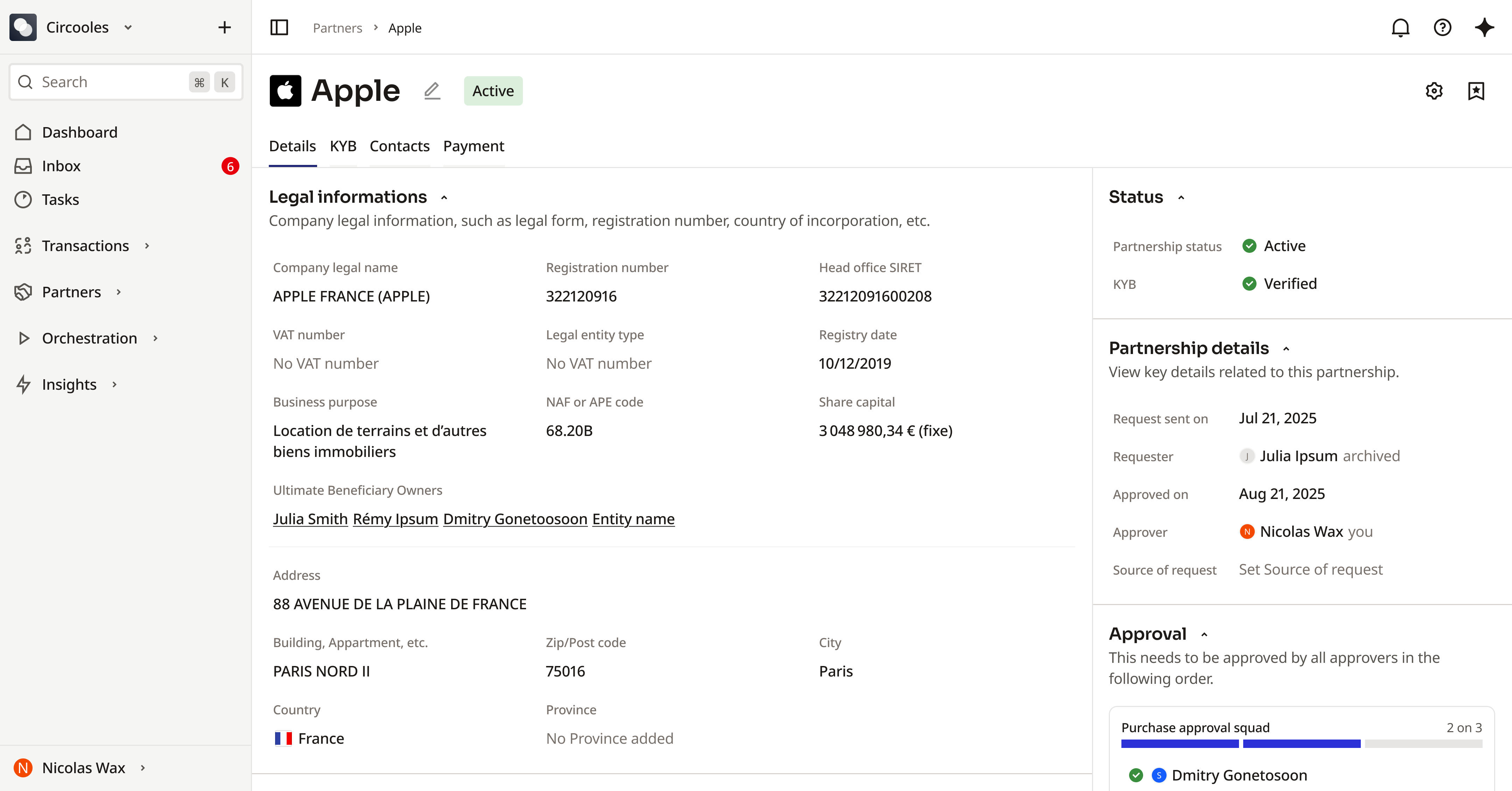 Partner Overview approval card dashboard detail details legal manage management overview partner partnership review status ui user interface ux