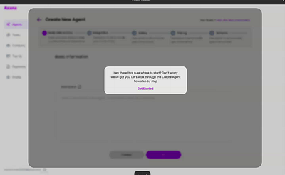 User walkthrough for agent creation getstarted guide onboarding ui ux walkthrough webdesign website webui