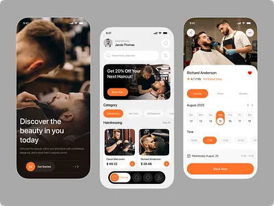 Barber Booking Mobile App UI Concept barber app concept barber shop barberbookingapp barbershop app barbershopui beauty app beauty salon design hair cut hair salon hair stylist app haircut app hairdresser app man care mobile app salon app design salon booking salon booking app salon services ui ux
