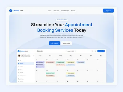 Booking Service Appoinment Landing Page - Light Mode appointment booking calendar clean client dashboard dashboard landing page design figma hero landing page light mode schedule services simple ui ux web design website