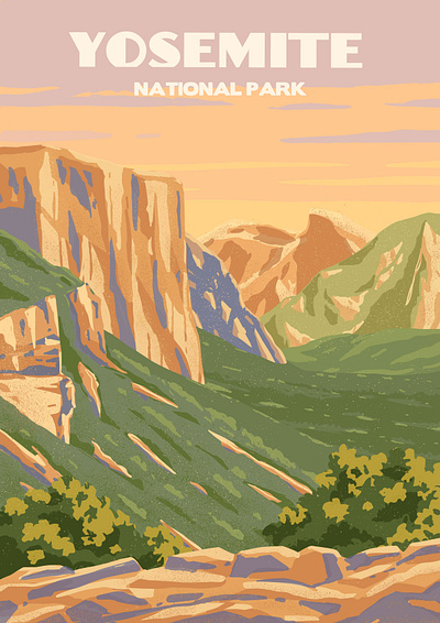 Yosemite National Park – Vintage-Inspired Poster america background california camping forest hiking illustration landscape national park nature painting poster retro sunset usa vintage wall art wild wildlife yosemite