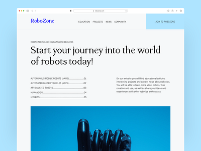 RoboZone Hero section | UI Design blue challenge content design figma gallery herosection mainscreen minimalistic pixelfont site ui uichallenge uidesign uiux ux uxuidesign web webdesign website