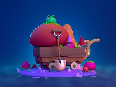 Mushroom Cart 3d 3d art animation blender character character design cute design digital art frog game design graphic design illustration illustrator magical motion graphics mushrooms night light render ui