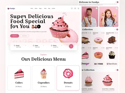 Foodyo - Foods Landing Page bakery website design cake order website cake shop ui cupcake landing page dessert website ui donut shop ui dribbble food ui figma landing page food delivery landing page food ecommerce modern dessert website online food ordering pastel color ui restaurant landing page sweet shop design uiux for food startups