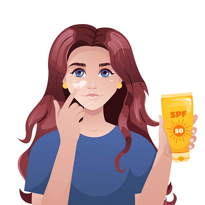 Sun Protection Illustration – Girl Applying SPF 50 Sunscreen facial care