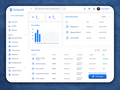 VertitasAI - Litigation Dashboard for Lawyers blue dashboard law law firm legal legaltech litigation product design ui user experience user interface ux