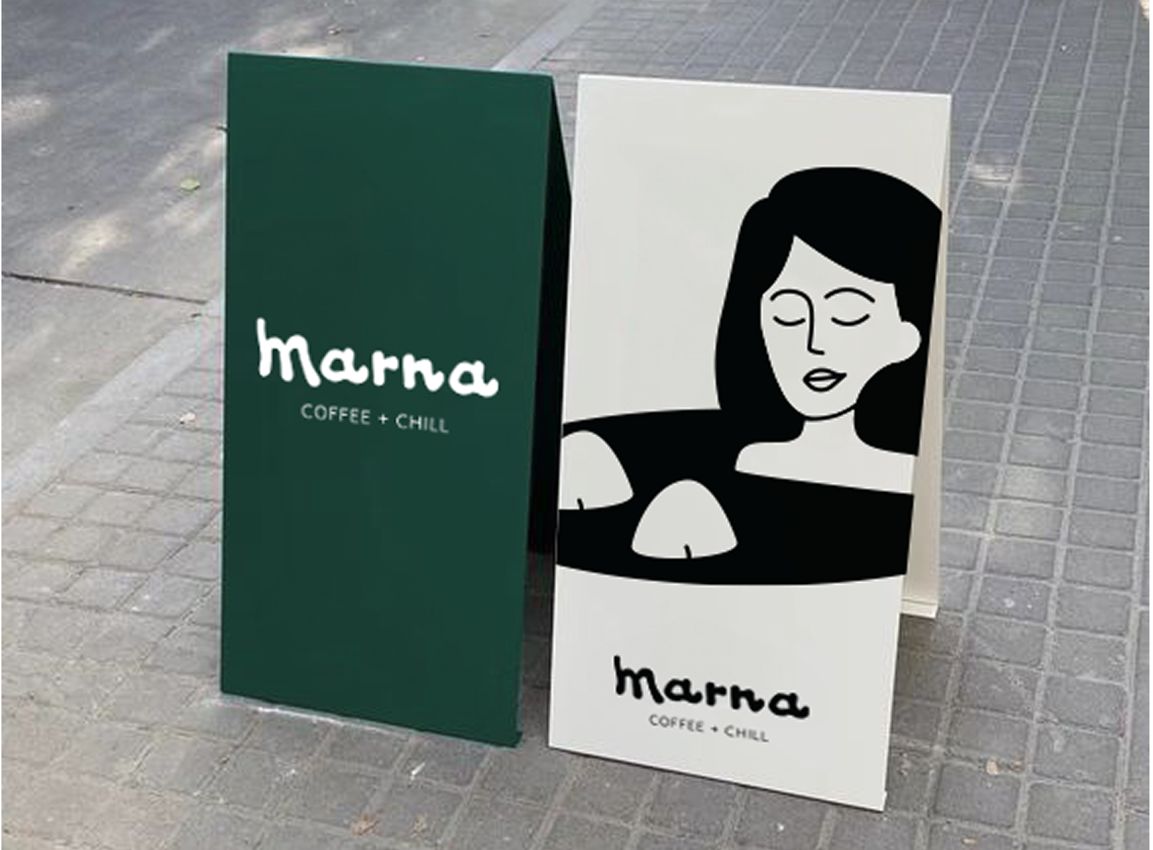 Marna Coffee + Chill black and white branding cafe chill coffee cup coffee shop design drawing emblem font girl green illustration kingston logo logotype london marna