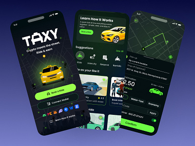 TAXY - Crypto Ride-Sharing App Design 3d animation appsdesign branding crypto darkmode figma graphic design mobileapp ui uxdesign
