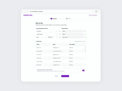 CSV import with data mapping product design ui ux