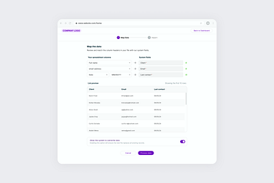 CSV import with data mapping product design ui ux
