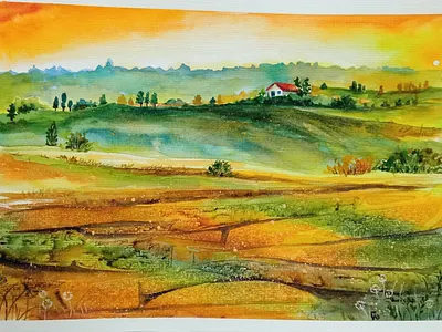 Original A4 Watercolor Landscape Painting – Summer Countryside art hand painted handmade landscape nature paint painting rural village