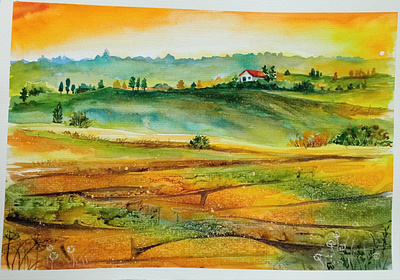 Original A4 Watercolor Landscape Painting – Summer Countryside art hand painted handmade landscape nature paint painting rural village