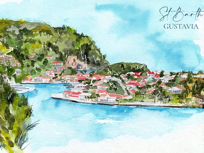 Watercolor of Saint-Barth: Gustavia // Illustration aquarelle drawing illustration