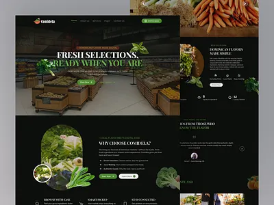 Comidela — UI Concept for a Local Food Marketplace (Dark Mode) branding dark ui darkmode design dominican flavor food illustration landing landing page logo market marketplace order shop taste ui uiux vegetables website