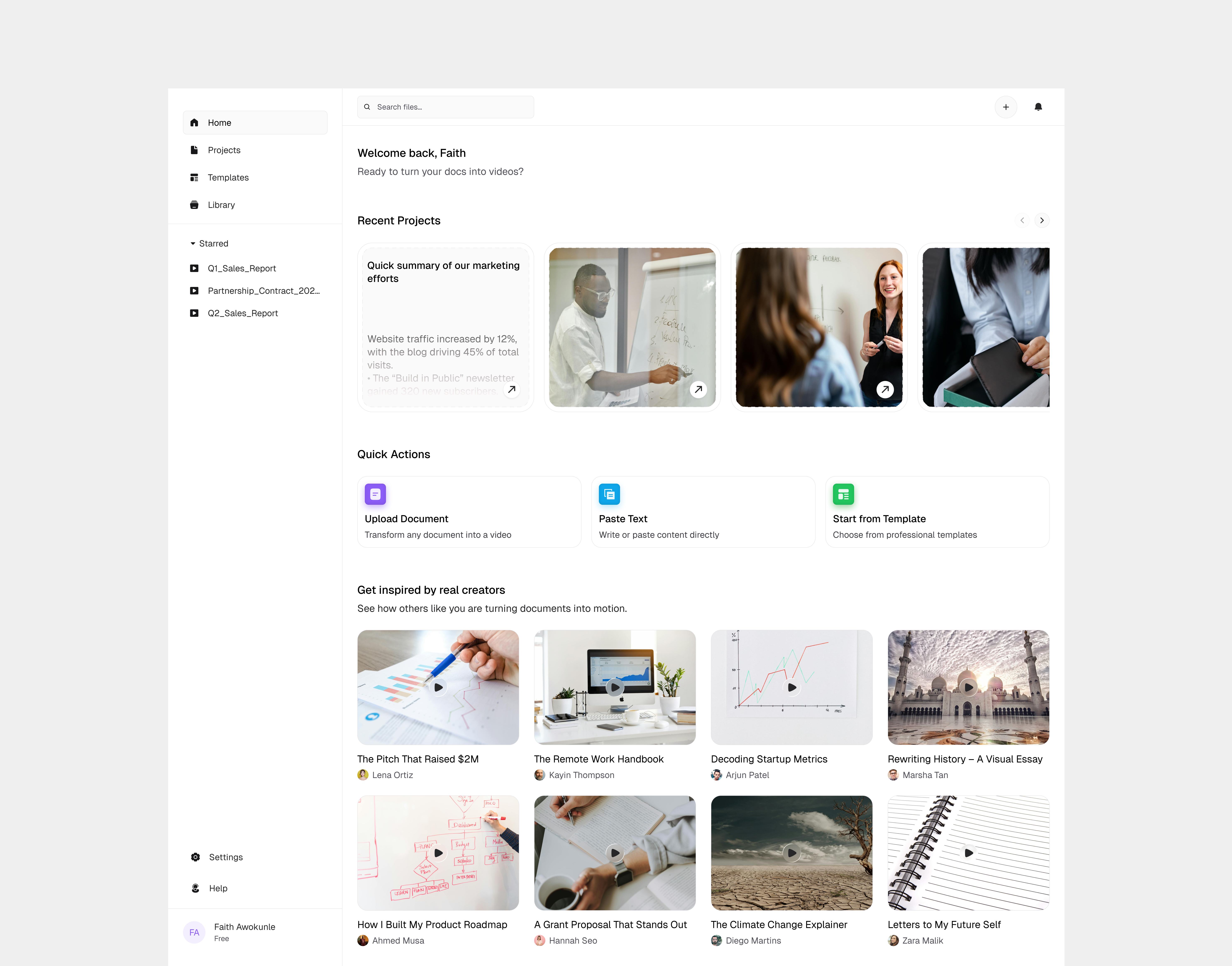 Doc to Video Creator app creator dashboard design document editing home ui video web app