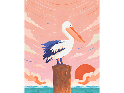 The Lookout - Pelican illustration bird illustration colorful illustration illustrator livelyscout lookout pelican pink sky procreate sunrise water bird