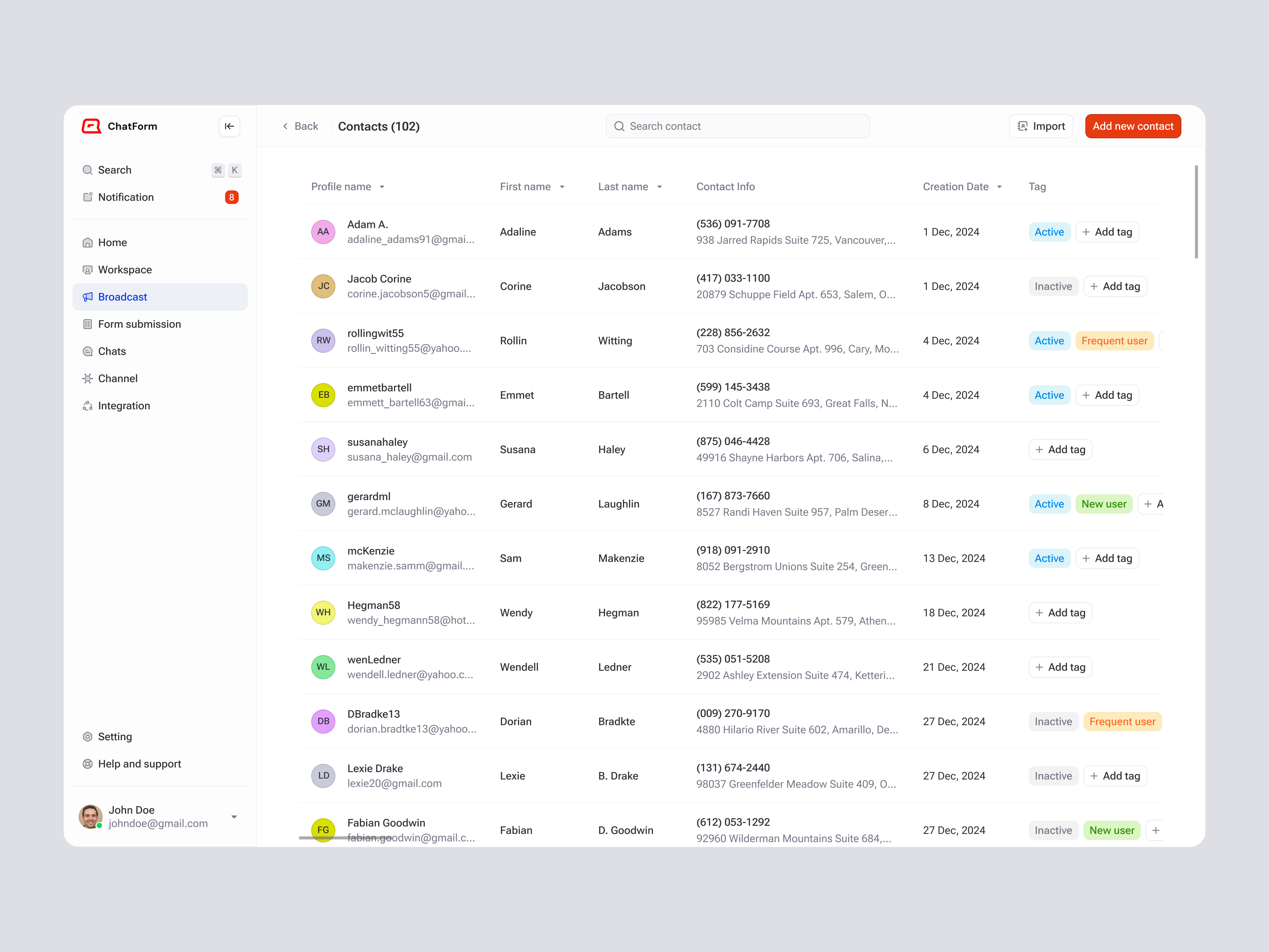 Chatform – Contact Broadcasting Panel for SaaS CRM admin panel broadcast panel contact list ui contact management crm customer engagement customer relationship management customer service dashboard product design productivity tool saas ui ui design ux ux design web app web design