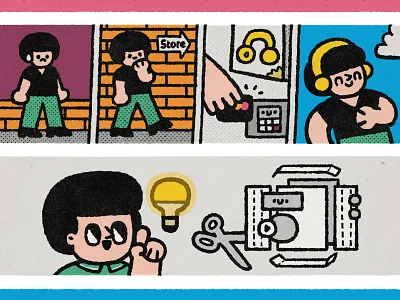 Buying Headphones and a Paper Layout 2d boy cartoon comics comix cute design doodle fun history illustration japanese kawaii live lo fi man people story