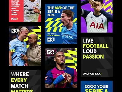 KICK! : Football Streaming - Social Media animation brand identity branding editorial feed design football graphic design graphic element identity design instagram feed layout motion graphics soccer social media streaming supergraphic visual branding visual identity