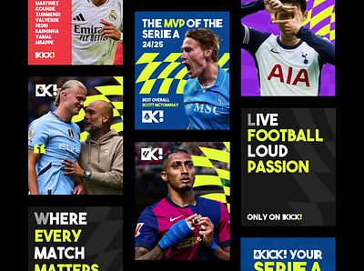 KICK! : Football Streaming - Social Media animation brand identity branding editorial feed design football graphic design graphic element identity design instagram feed layout motion graphics soccer social media streaming supergraphic visual branding visual identity