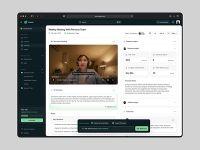 Arsene - AI Meeting Note Taker Dashboard ai artificial intellegence clean dashboard insight meeting modern note note taker product design productivity record speaker task transcript uiux virtual assistant virtual meeting