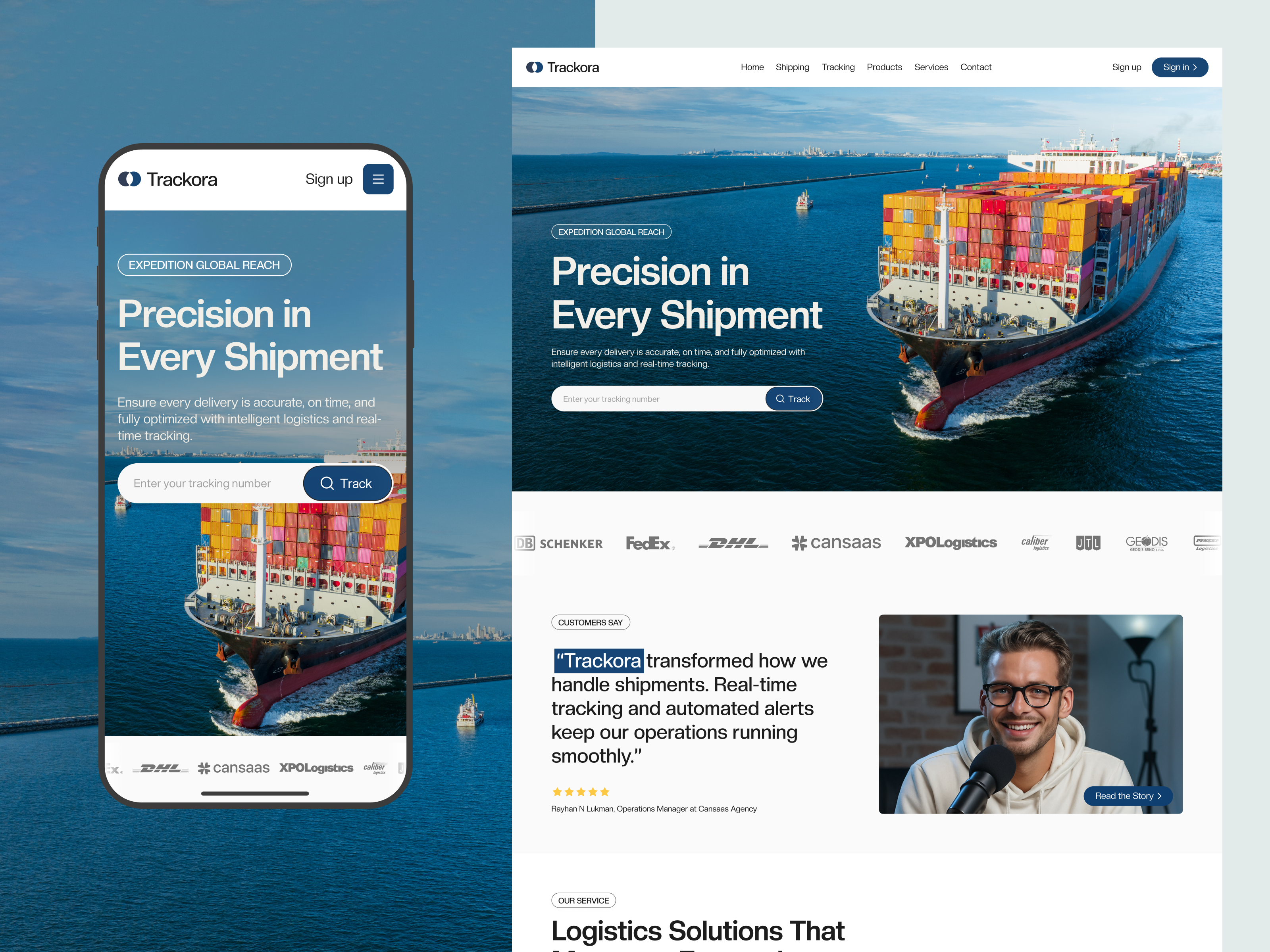 Trackora - Shipping & Logistics Responsive Landing Page cansaas deliver delivery design interface logistic app logistics mobile mobile app mobile design modern design packaging saas service shipping shipping logistics ui ux