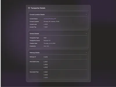 Transporter Details UI Logistics Dashboard appledesign darkui dashboard dashboarddesign figma glassmorphism glassui logistics logisticsdashboard modal productdesign saas shipment transportation uidesign uiux uiuxdesign uxdesign