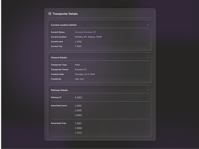 Transporter Details UI Logistics Dashboard appledesign darkui dashboard dashboarddesign figma glassmorphism glassui logistics logisticsdashboard modal productdesign saas shipment transportation uidesign uiux uiuxdesign uxdesign