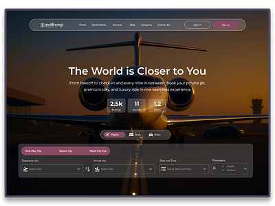 Swiftwings—A private jet service Hero section redesign contact us page ui design herose herosection landingpage ui webapp
