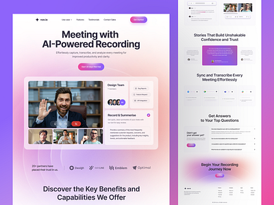 AI powered Meeting Recorder SaaS Landing Page UIUX Design ai assistant daily ui design inspiration homepage meeting app meeting recorder product design productivity tools remote work tools saas design uiux design video call