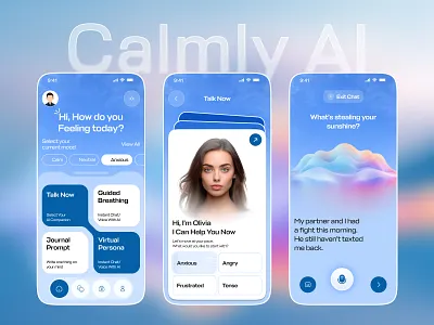 Calmly AI - AI Powered Emotional Wellness App ai ai app design ai assistant ai suggestion android app design app developer artificial intelligence design healthtech mobile app mobile app design mobile application mood tracker tech ui ui design uiux ux wellness app