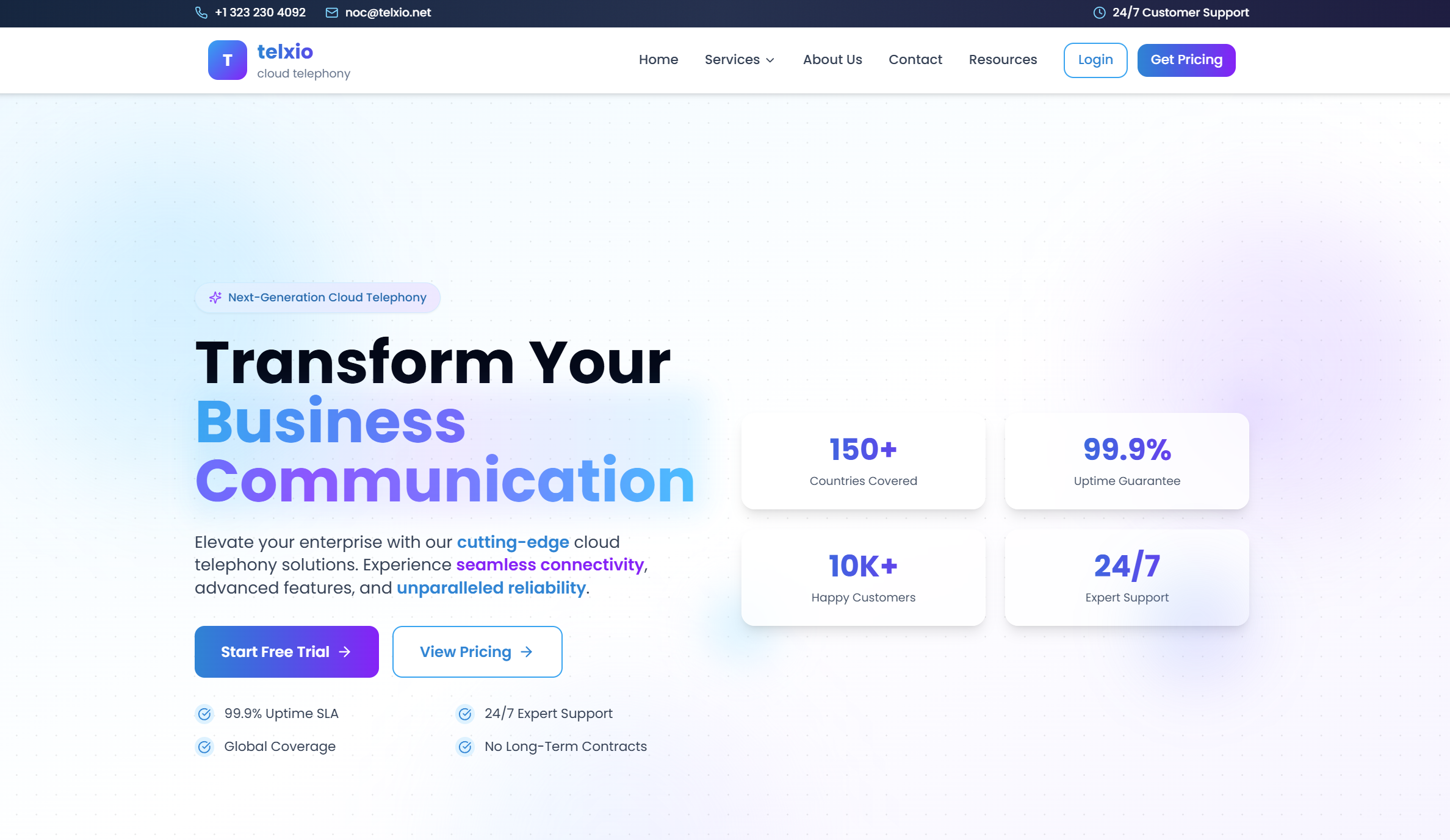 Telxio platform landing page design cell communication platform webpage
