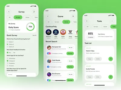 Paid Survey Based Mobile App UI/UX Design clean ui daily rewards earn money app fintech app game tasks gamified tasks mobile mobile app design mobile ui paid survey app rewards app survey app design survey ui task app task tracker user interface