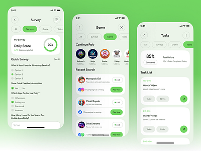 Paid Survey Based Mobile App UI/UX Design clean ui daily rewards earn money app fintech app game tasks gamified tasks mobile mobile app design mobile ui paid survey app rewards app survey app design survey ui task app task tracker user interface