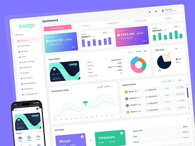 Swap Finance Dashboard UI/UX Design blockchain dashboard clean crypto dashboard crypto market crypto wallet crypto web app cryptocurrency dashboard cryptocurrency web app finance fintech product design swap ui ui design user interface web app ui web3 app web3 dashboard