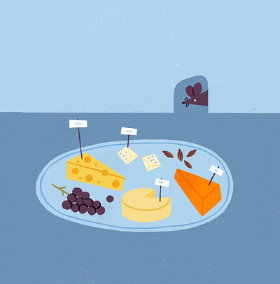 Tasting animal banquet character cheese feast grapes hole illustration look out mouse nuts peek out plate procreate texture