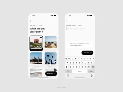 Create a goal choice design finance fintech goal house input interaction keyboard light mobile photo select ui ux white