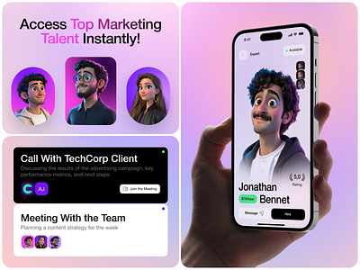 Marketing Talent App UI – Booking & Video Calls 3d avatar app app design creative agency design freelance app interface ios job platform marketing app mobile app mobile ui product design remote work platform talent marketplace team management ui elements ui ux video call