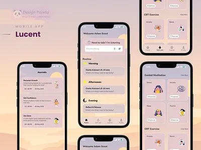 Lucent - Mobile app - Mind Health - Meditation - Depression ai chat helper android app best branding cbt creative design empathy exercise graphic design illustration ios meditation mental exercise mobile app ui ux