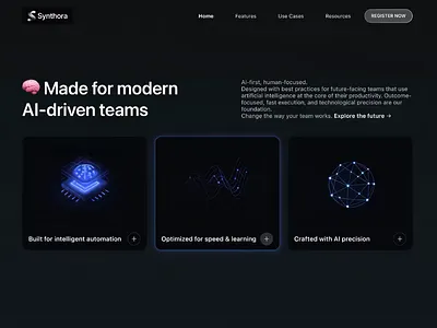 Synthora — AI Productivity Platform Website & Branding ai animation branding card clean design dark mode dashboard illustration landing page logo minimalist saas saas design saas landing page tech typography ui ux web design