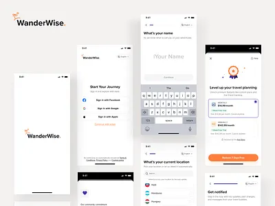 WanderWise - Full Onboarding Flow mobile app onboarding mobile applications design mobile design mobile onboarding mobile screen mobile ui onboarding onboarding design onboarding screen onboarding ui onboarding users splash splash screen travel app travel onboarding trip itinerary trip itinerary planner trip onboarding trip planner users onboarding