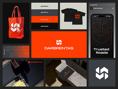 Darbrentas | Road Construction company arrow logo bold branding branding sollution construction design identity logo logotipu kurimas logotype orange orange logo p.idea pidea road logo symbol vector visual identity way way logo