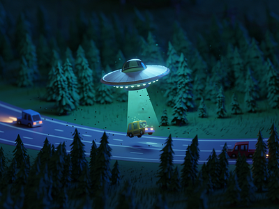 Another UFO abduction 3d animation b3d blender illustration isometric low poly motion