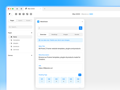 MetaViewer Framer plugin accessibility framer framer plugin headings images metadata minimal modern plugin search engine optimization seo ui widget