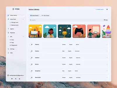 VOCA - AI Voice Manager Dashboard creative dashboard design dashboard ui design glass effect glassmorphism glassmorphism ui illustration minimal product side bard design ui ui design ux design voice collection voice manager web template