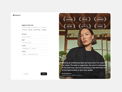 Job application — Untitled UI apply job application job listing onboarding testimonial ui design user flow user interface web design