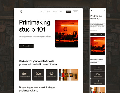 Printmaking studio 101 branding landing page ui web design website